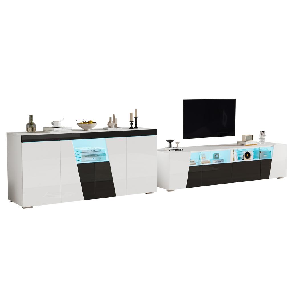 TV cabinet and side cabinet combination, 180*38.5*45cm high-gloss, LED lighting, lowboard, 140 x 40 x 65 cm, living room sideboard, black-white