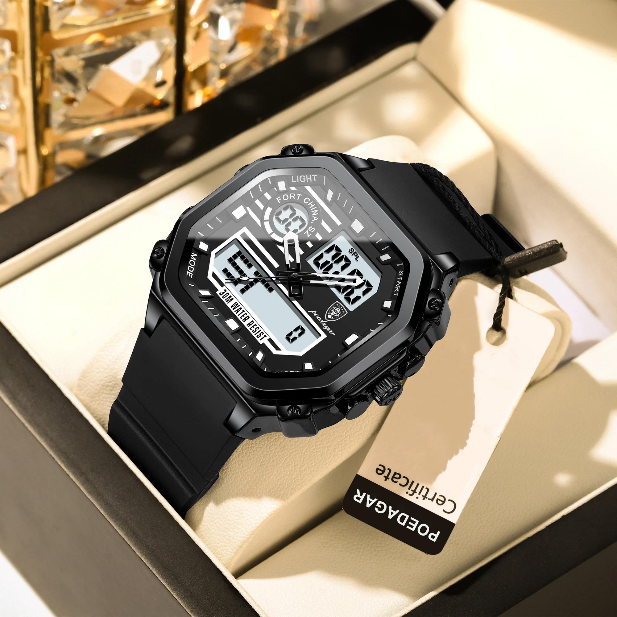 

POEDAGAR Sports LED Men Watch Waterproof Luminous Week Date Square Wristwatch Silicone Strap Electronic Quartz Watches чёрный
