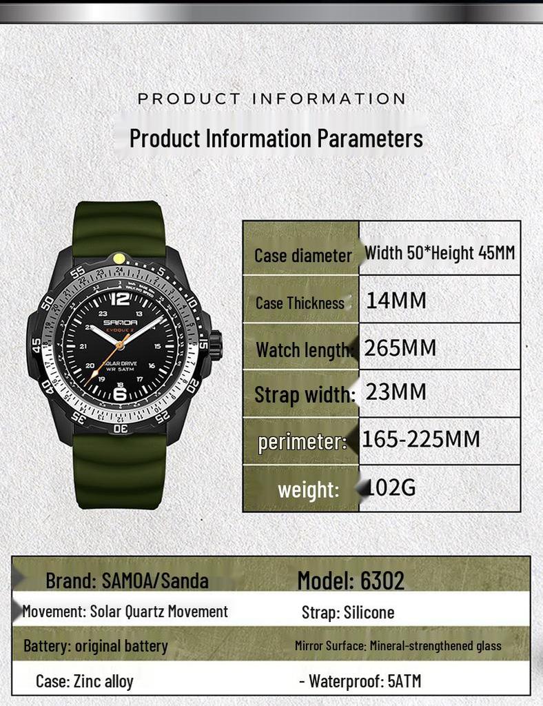 SANDA Solar-Powered Sports Watch: Durable, Waterproof with Long Battery Life and Luminous Quartz Design.