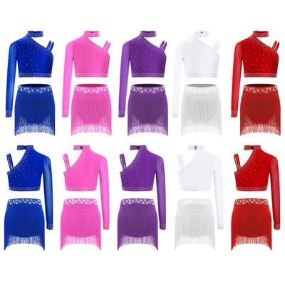 Kids Dance Costume Set Glittery Rhinestone Asymmetric Shoulder Crop Top with Stretchy Waist Fringe Leggings for Show