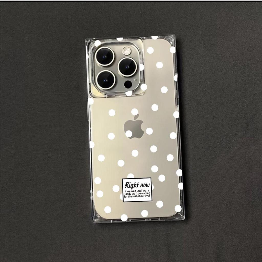 Square Back Tube Protection Clear Case For iPhone 15 Plus 12 16 ProMax 14 Pro Max 11 13 Anti-Oxygen,White Polka Dots Pattern Casing