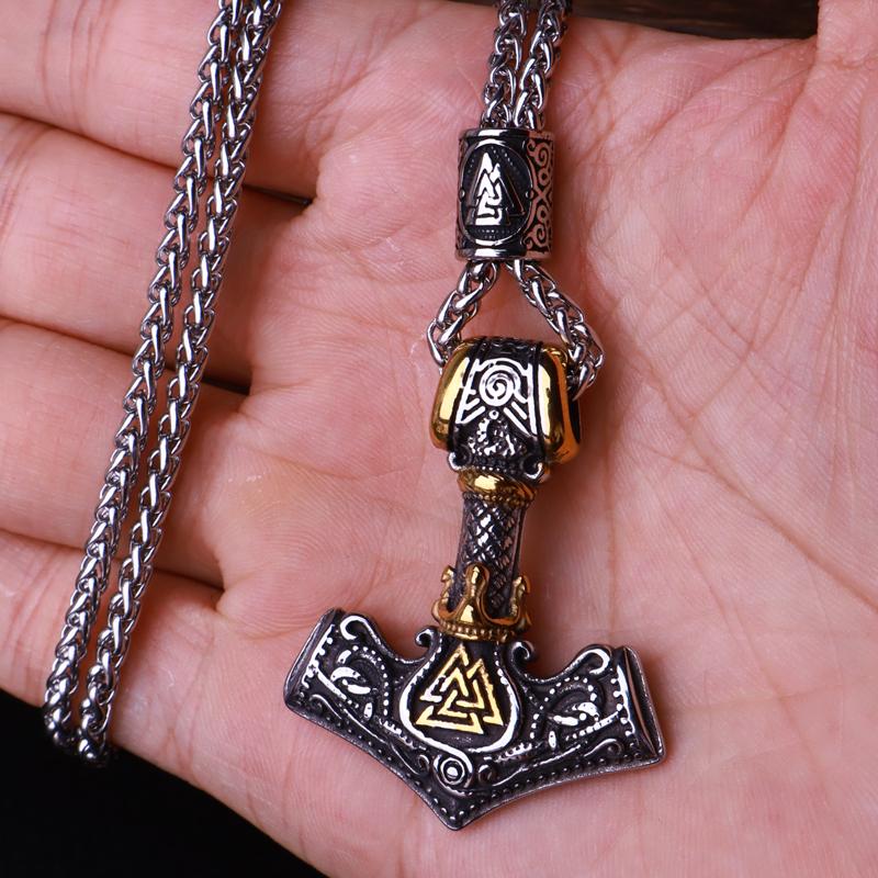 Flerfärgad pärlhalsband med vikingahammare och Thors hammare, rostfritt stål, herrhalsband, Mjolner amulett, smycken