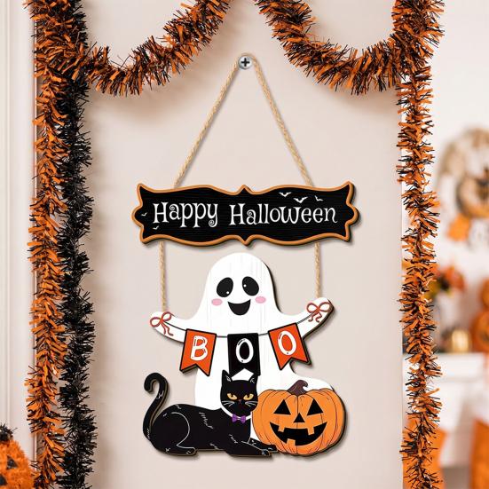 Vintage Style Decor Halloween Wooden Hanging Sign, Rustic Ghost Bat Black Cat Witch Hat Wall Decor, Theme Ornaments Spooky Pendant with Hemp Rope