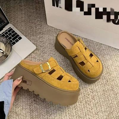 Muffin Thick-bottomed Bag Head Half Slippers, Wear Spring New Height-increasing Velcro Retro Cool Slippers
