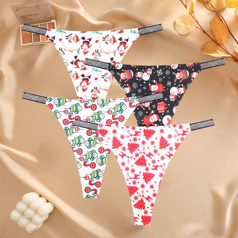 

FINETOO 4 шт. стринги со снежинками и Санта-Клаусом, сексуальное дышащее женское нижнее белье, стринги с низкой талией, рождественские трусики с бриллиантами L&Set
