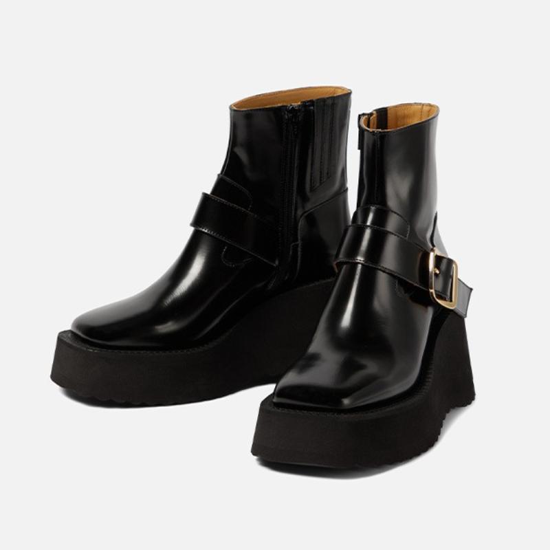 Fashion Black Patent Leather Chunky Heel Women Boot Fashion Metal Buckle Sewing Side Zip Design Ankle Boot Cozy Waterproof Platform Boot