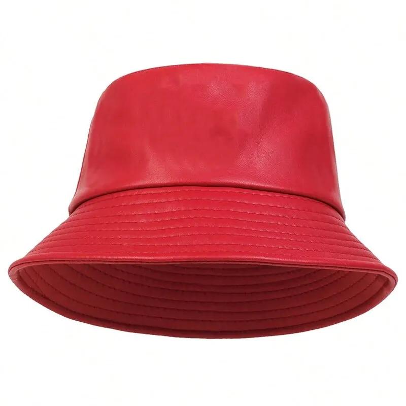 Fisherman Bucket Leather PU Faux Personality Color Plain Solid Neutral Gender Women Men For Caps Hats Fishermen Outdoor Casual Cap Sunscreen Hat