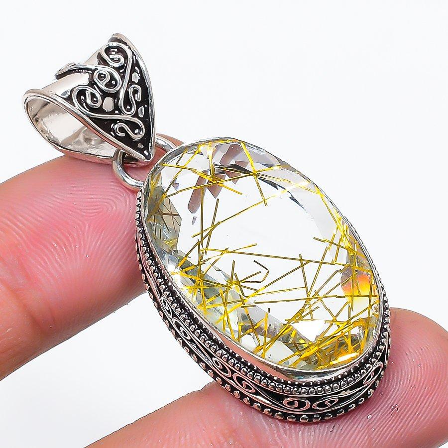 Natural Golden Rutile Gemstone 925 Sterling Silver Jewelry Pendant 1.89  AP-14306
