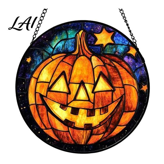 Creative Halloween Souvenirs Stained Glass Suncatcher Ornament Vintage Hanging Window Decor with Pumpkin Ghost Bat Witch Decorations Hat Pattern,