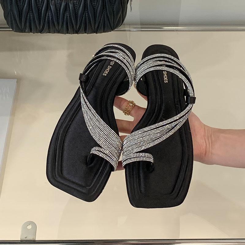 

Fashion Luxury Fashion Rhinestones Women Flats Slippers Shoes Summer Beach Footwear Ladies Flat Slippers Slides Shoes Female Sandals 35 чёрный