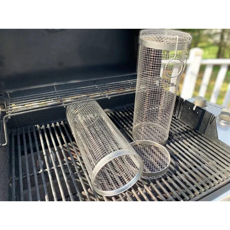 3 Pcs Rolling Grilling BBQ Basket Stainless Steel Leakproof Mesh Barbecue Rack Outdoor Picnic Camping Cylindrical BBQ Grill