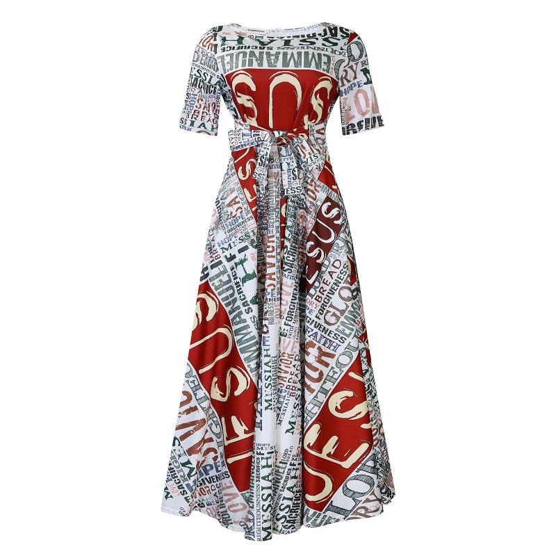 Women Fashion Plus Size Short Sleeve Lace Up Mid Length A Line Dress
