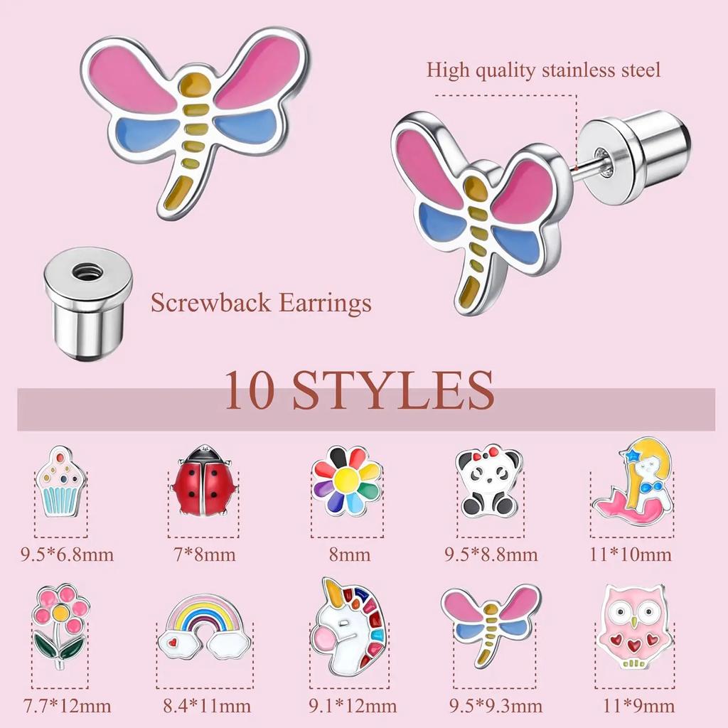 Bobisty 3 Pairs Stainless Steel Screw Back Earrings for Women CZ Heart Butterfly Ball Earrings Cat Rainbow Stud Earrings Set
