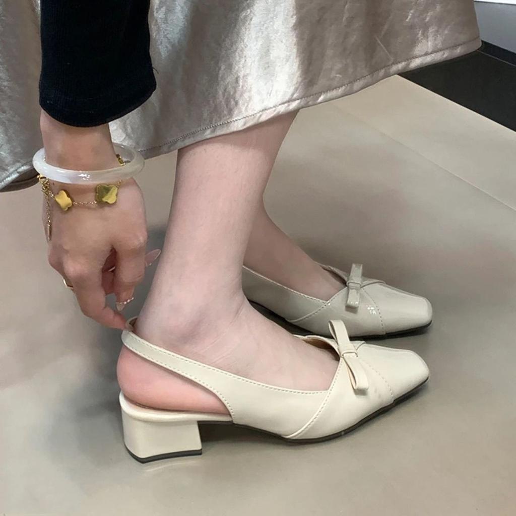 Gentle Wind Temperament with Skirt Thick Heel Empty Bag Head Sandals Women's 2025 New French Bow Square Head Single Shoes