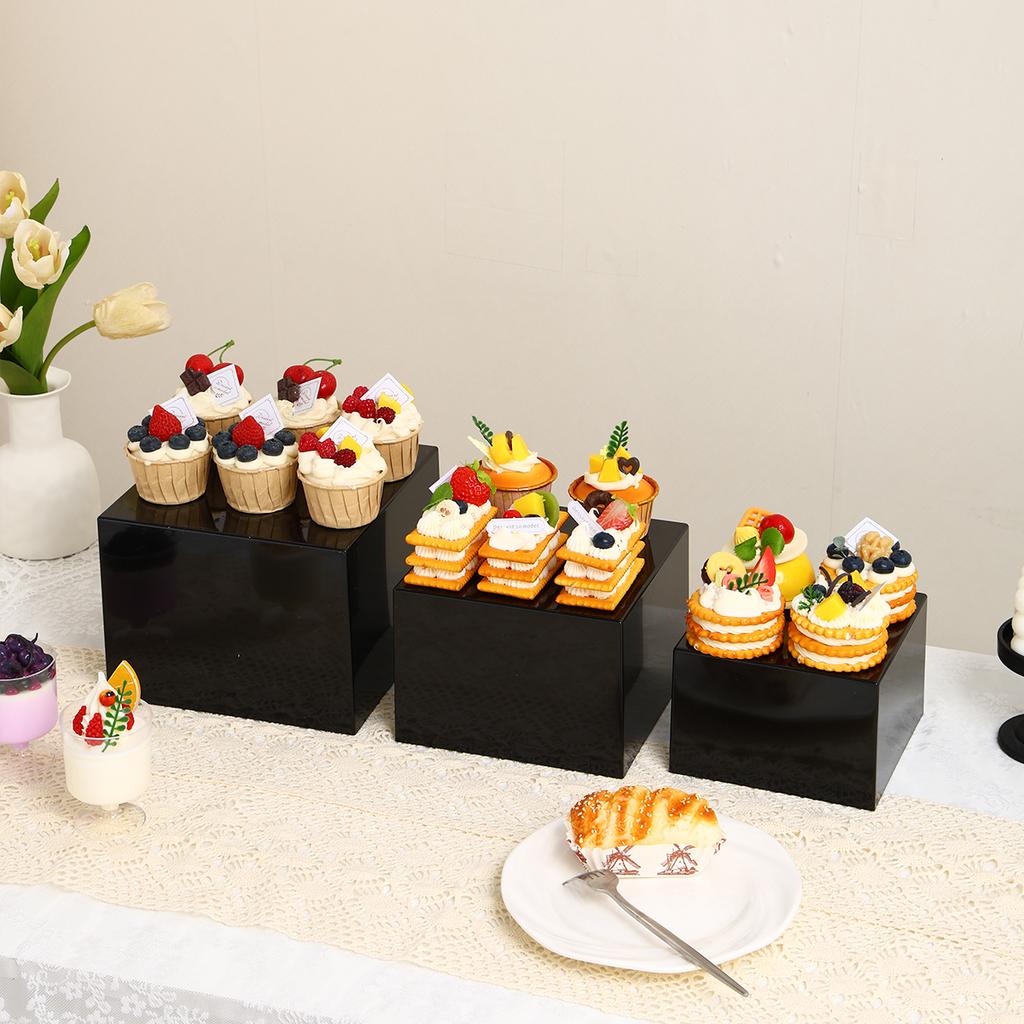 3pcs/4pcs cube glossy black/semi transparent black acrylic dessert cake display stand durable wedding and celebration stand