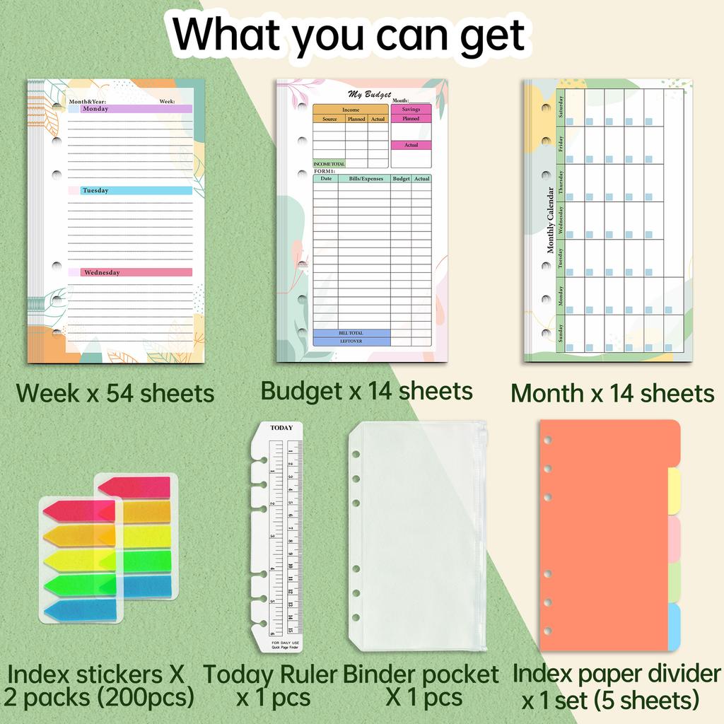A6 Colorful Loose Leaf Notebook Refill Spiral Binder Inner Page Budget Page Weekly Monthly Inside Paper Stationery
