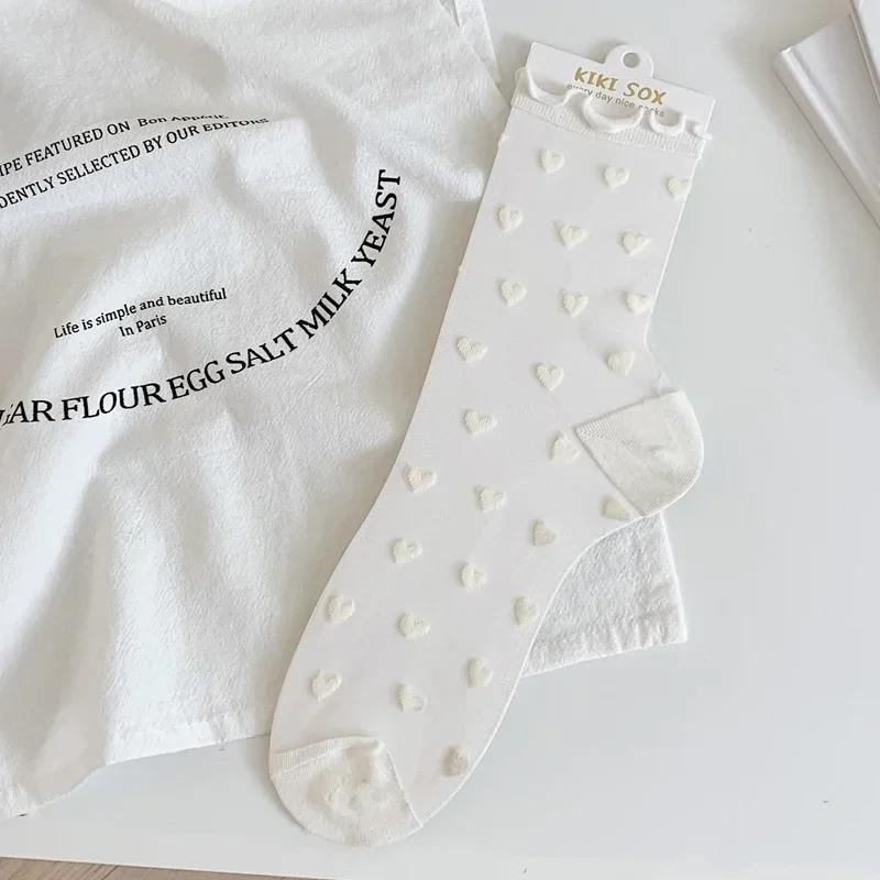 Lolita Invisible Socks Women Girls Summer Silk Lace Socks Crystal Silk Love Heart Ankle Socks Black White Transparent JK Sock