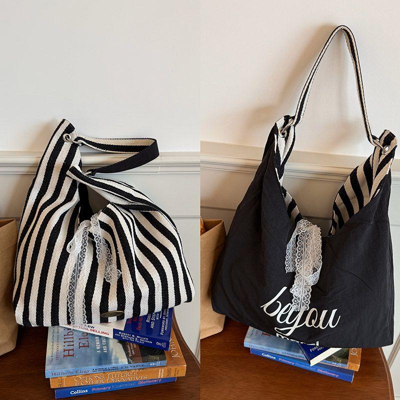 

Stripes Canvas Bag Female Summer 2025 New Arrival Tide South Korea Letters Print Double-Sided Shoulder Bag Student Class Bag Haig