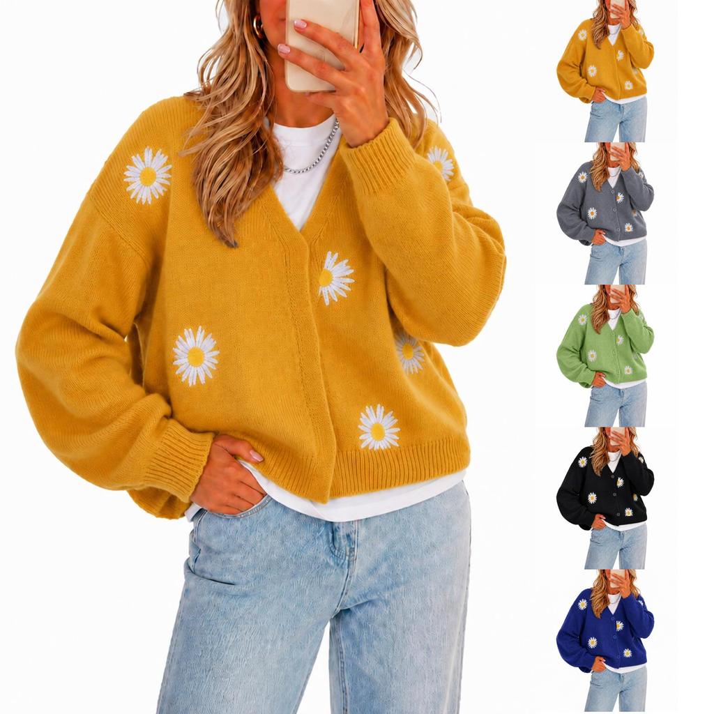 Women's Single Breasted Embroidered Knit Cardigan Sweater with Button Front and Long Sleeve