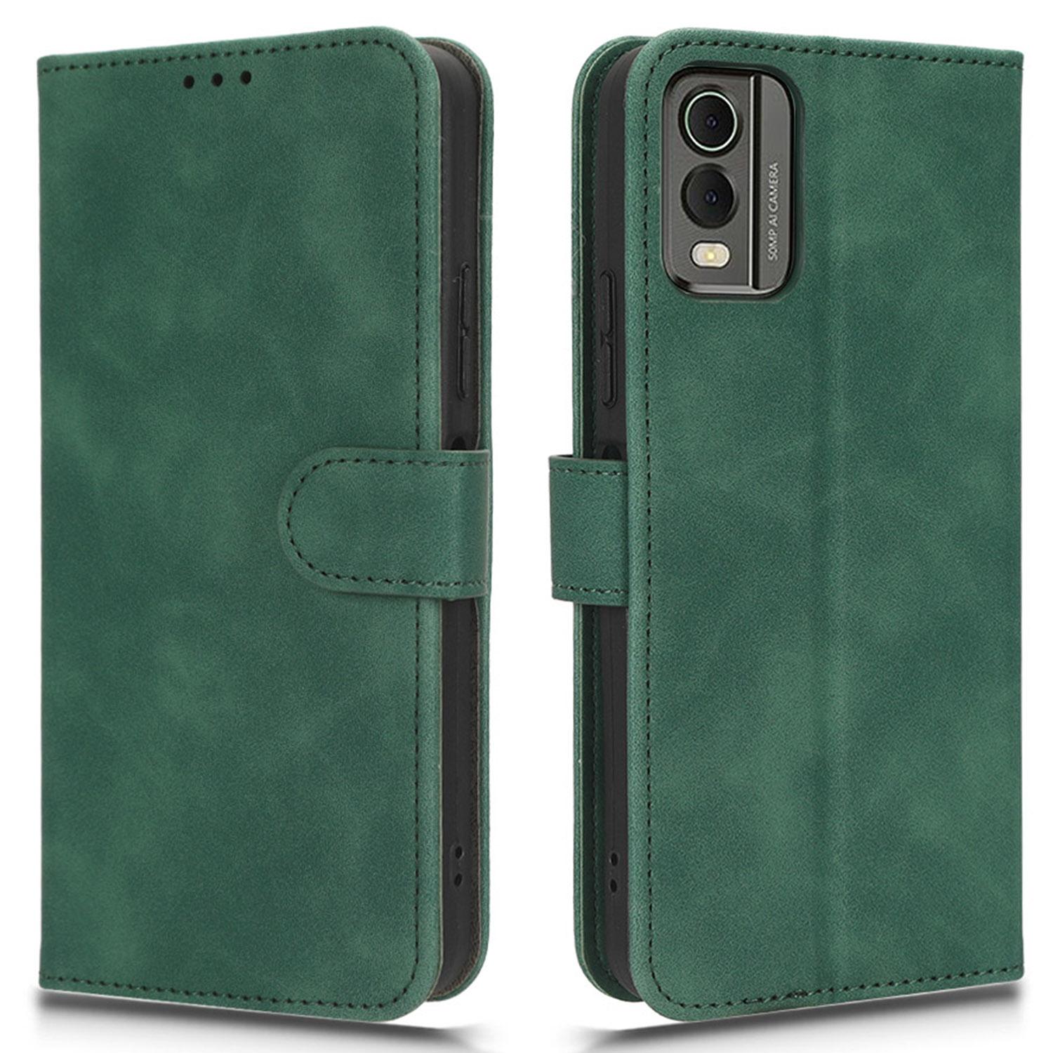 

For Nokia C32 Anti-Drop Wallet Phone Case Skin-Touch Protective PU Leather Phone Cover with Stand Green