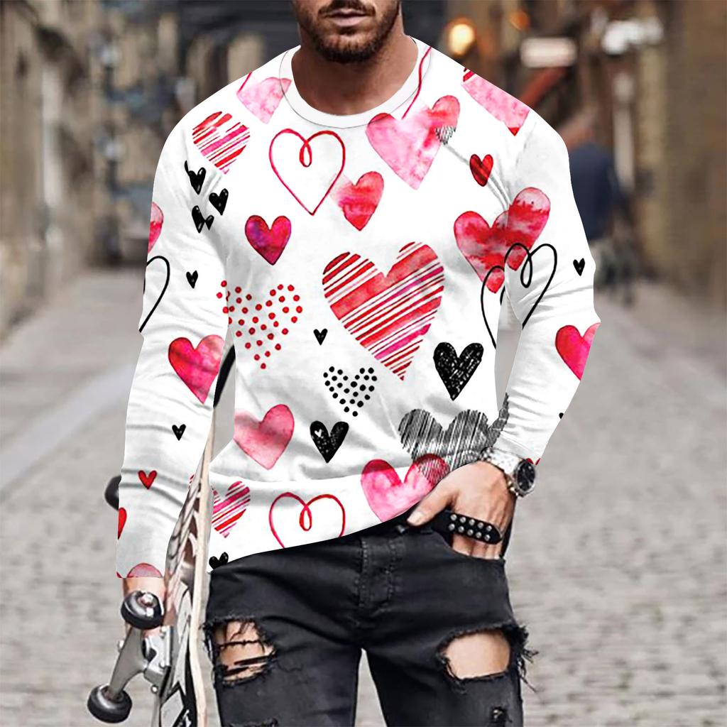 Spring and Autumn Round Neck 3D Love Printed Top Valentine's Day Themed T-shirts Fashionable Casual Long Sleeved Men's T-shirts