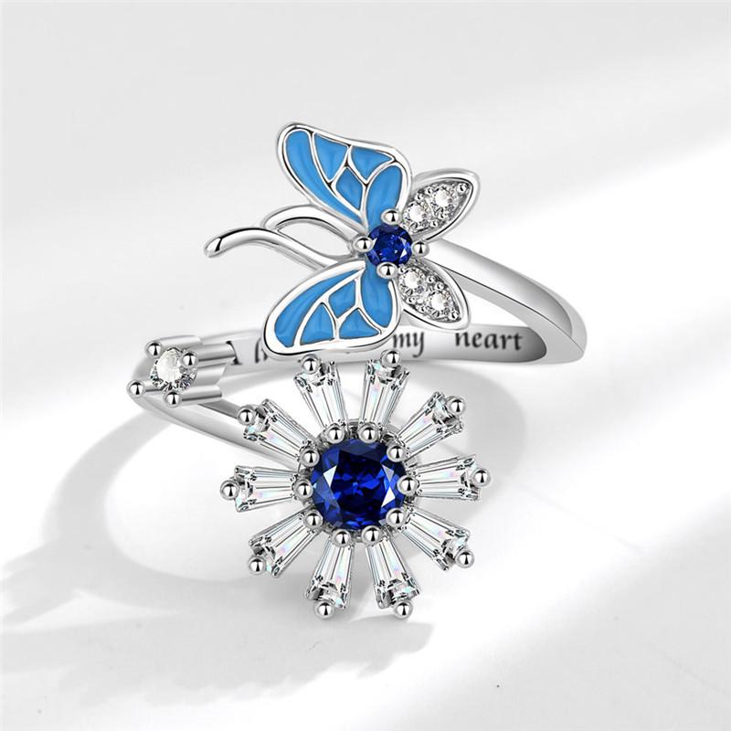 Fashion Beads Anxiety Ring Fidget Spinner Rings Korea Crystal Butterfly Flower Star Moon Ring Anti Stress Jewelry Gift