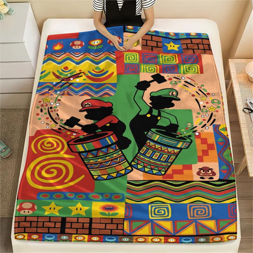 Cartoon Mario Printed Flannel Blanket Warm Comfortable Throw for Bed Couch Sofa Picnic Travel Essential Game Fans Gift -Xin 75x90cm