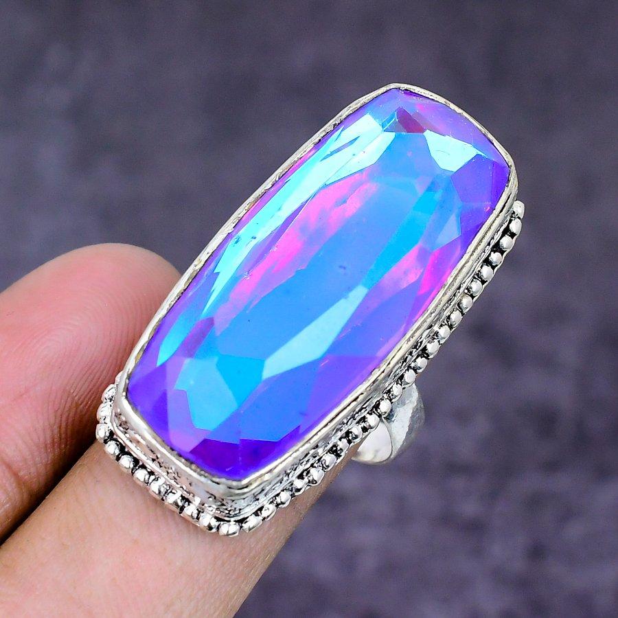 Natural Mystic Glass Gemstone 925 Sterling Silver Jewelry Ring Size 8.5 ETC-14853