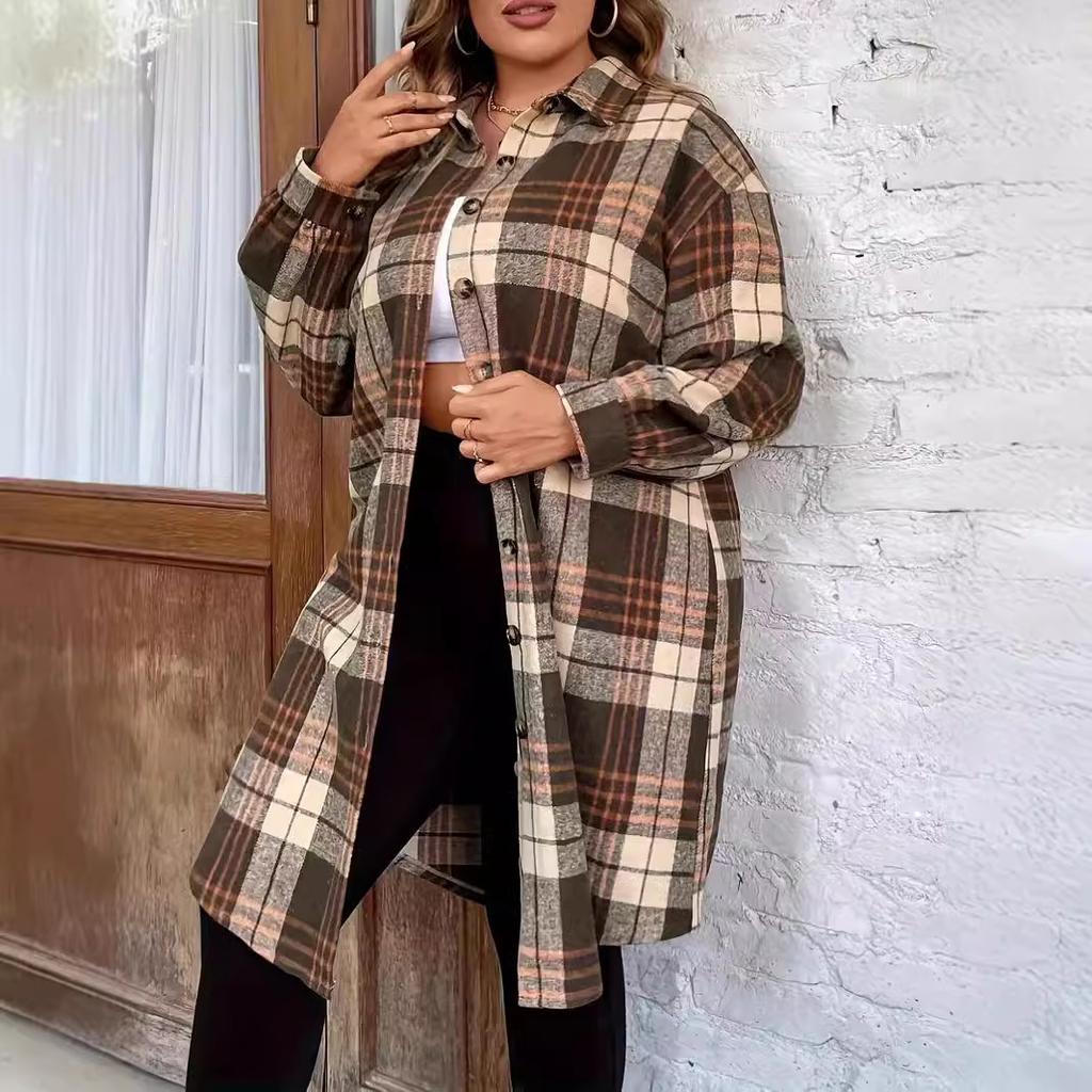 Autumn Long-sleeved Lapel Plaid Shirt Mid-length Tops Women's Shirt Plus Size Women's Shirts