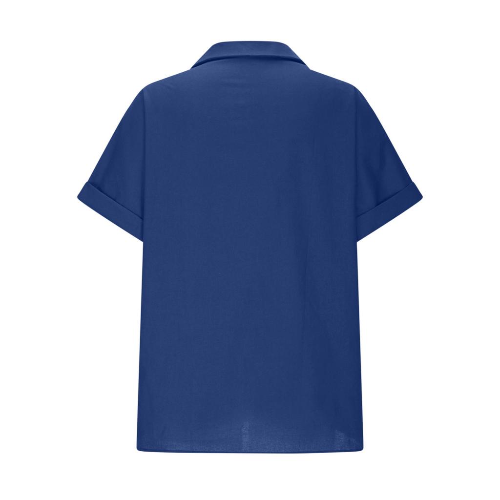 2026 Spring/Summer Cotton-Linen Pocket Button Short-Sleeve Shirt Casual Women's T-Shirt
