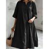Women's Mid-Length V-Neck Cotton Linen Dress with Short Sleeves and Three-Button Pocket