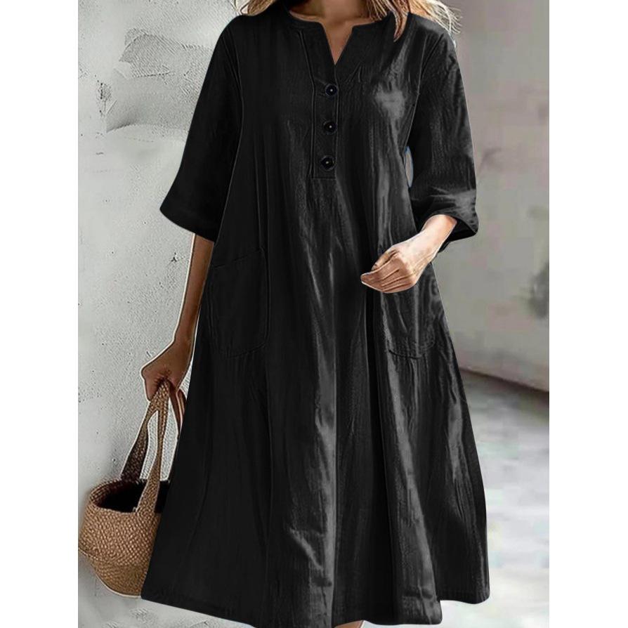 Women's Mid-Length V-Neck Cotton Linen Dress with Short Sleeves and Three-Button Pocket