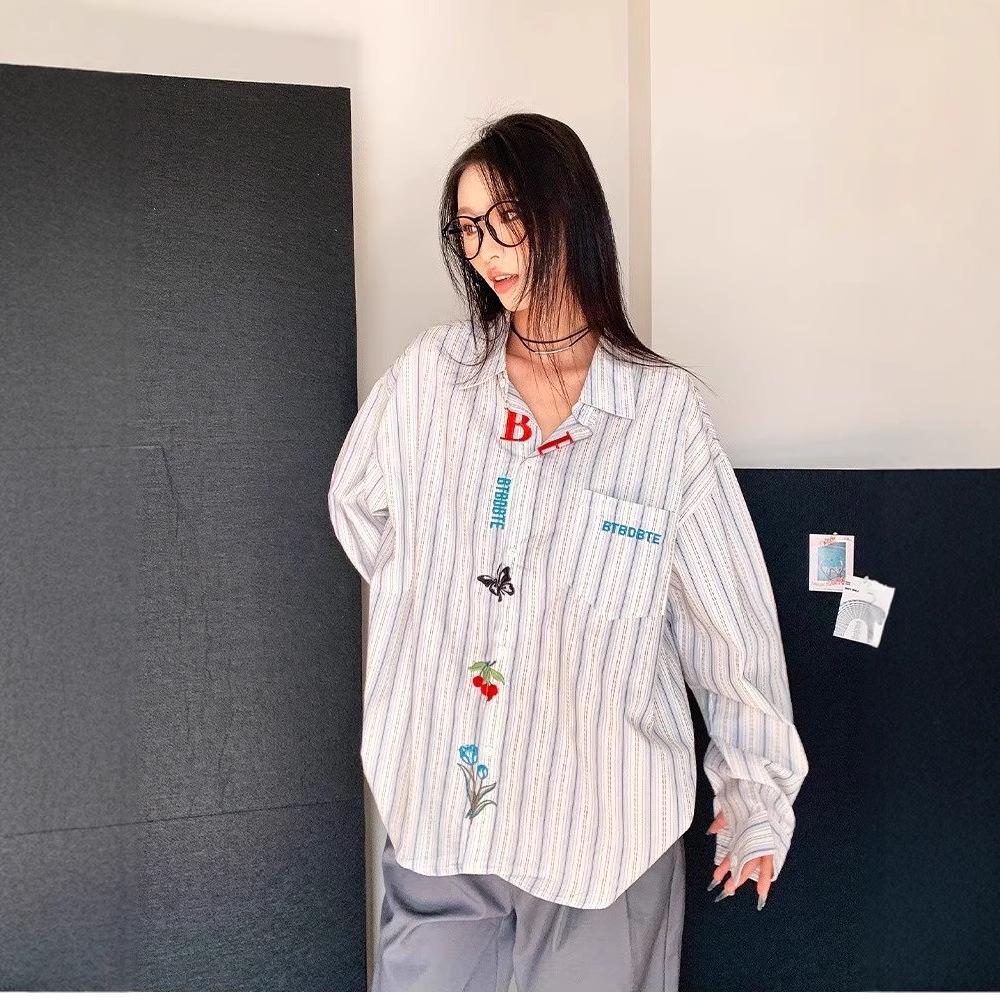 Unisex Retro Striped Long-Sleeve Embroidered Shirt: Versatile Casual Wear for Spring & Autumn