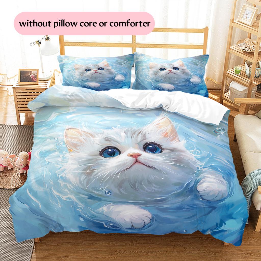 Cat with Water Ripple Pattern Pattern Bedding Quilt Set  Home Decoration  Gift (1 * duvet cover + 2 * pillowcase  without core)