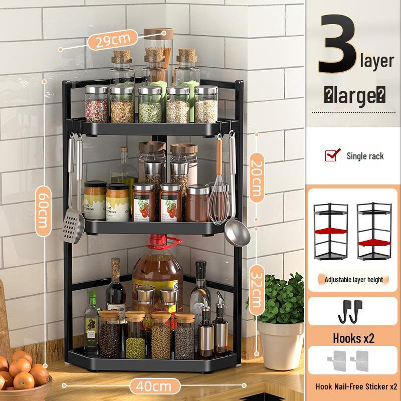 Corner Wall-Mounted Kitchen Spice Rack - No-Drill, Triangle Design for Countertop and Pendant Storage.
