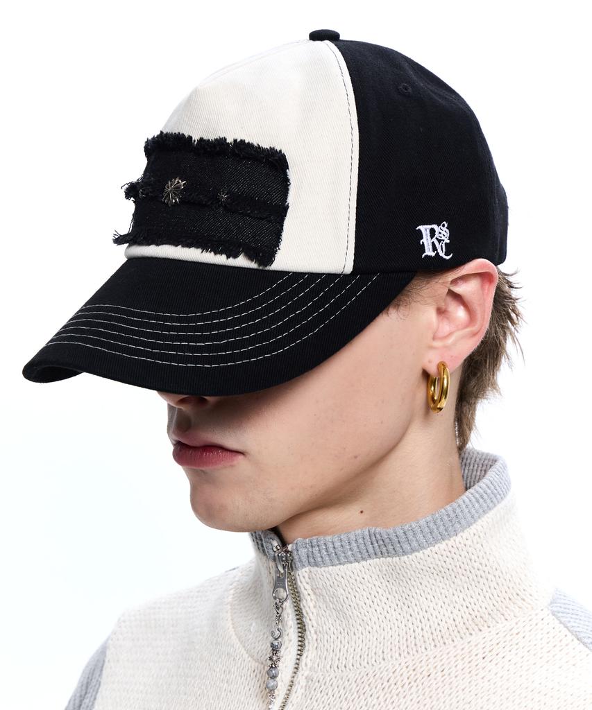 Aleseueseussi Denim Patched Rivet Ball Cap - Black/Ivory