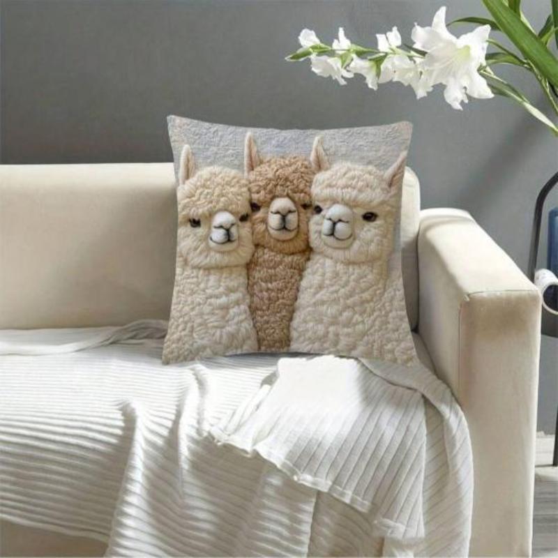 Alpaca Pillow Cover Imitation Embroidery Alpaca Pattern Pillowcase Rustic Throw Pillow Cover for Sofa Couch Bedroom Living Room Car Decor