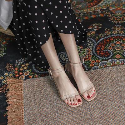 Mode Été 2024 avec Talons Moyens Chaussures pour Femmes Chaussures Un Mot Transparent Clair Sandales Carrées pour Femme Taille Coréenne Asiatique Luxe