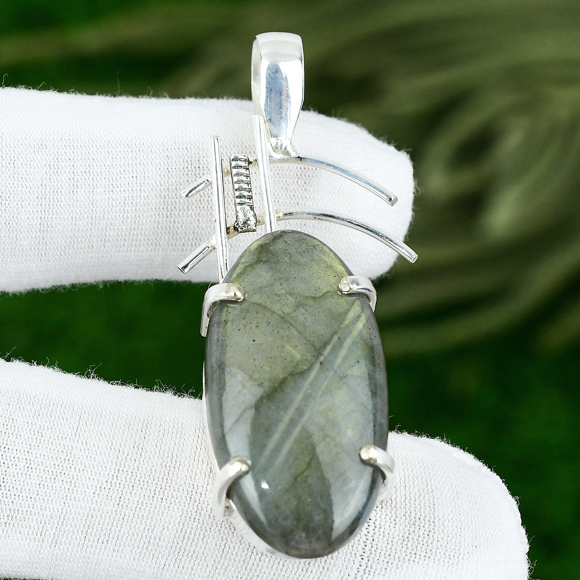 

925 Silver Oval Natural Labradorite Birthday Bezel Boho Anniversary New Pendant
