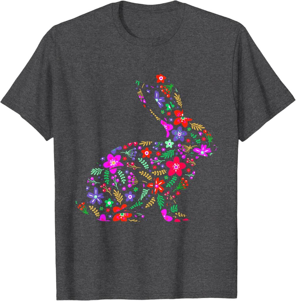 Floral Easter Bunny Rabbit Silhouette Spring Flowers Graphic T-Shirt Men Casual Trip