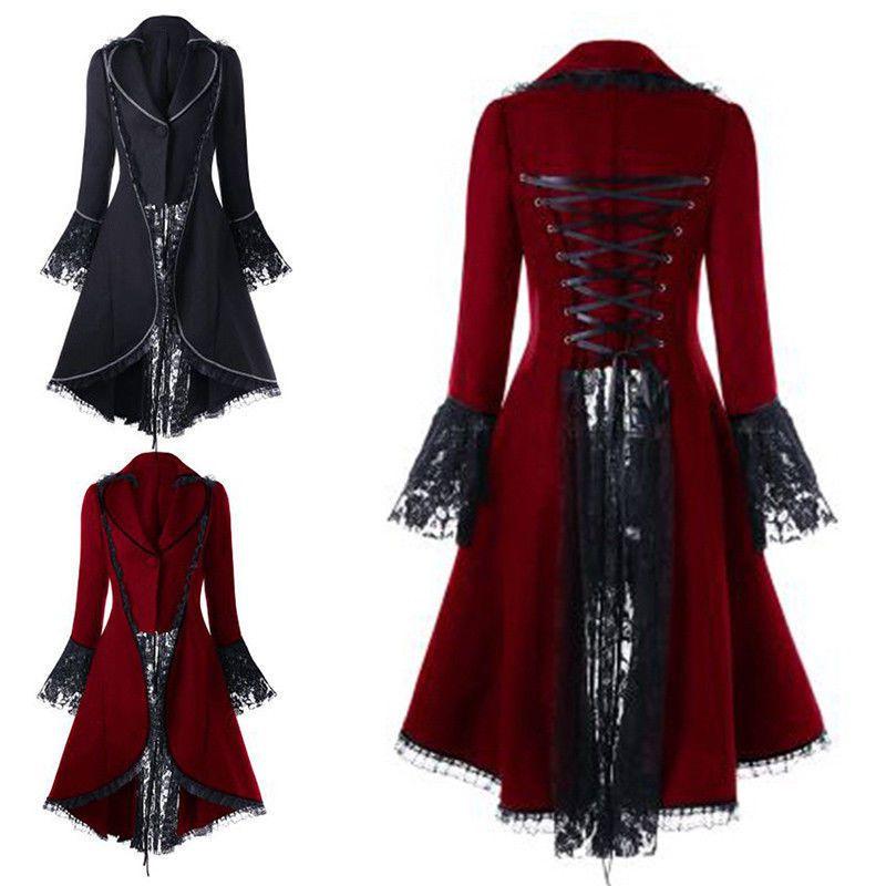 Women's Victorian Style Long Sleeve Coat Dress With Turn-down Collar And Button Opening Front