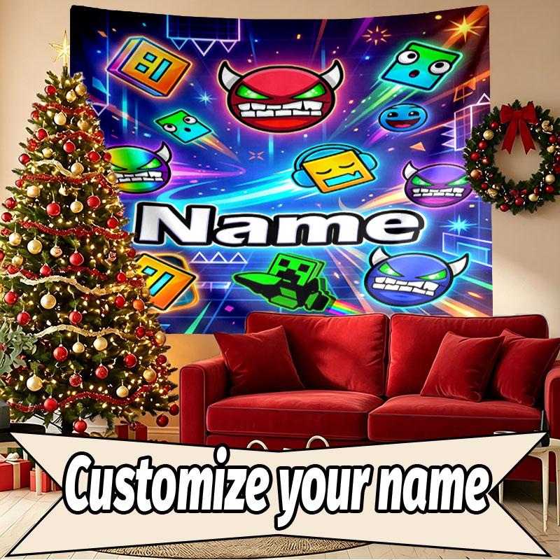 Custom Name Personalized Geometry Dash Print Tapestry, Wall Art Decor, Bedroom, Dorm, Apartment, LivingRoom, Party Backdrop, Gift for Birthday