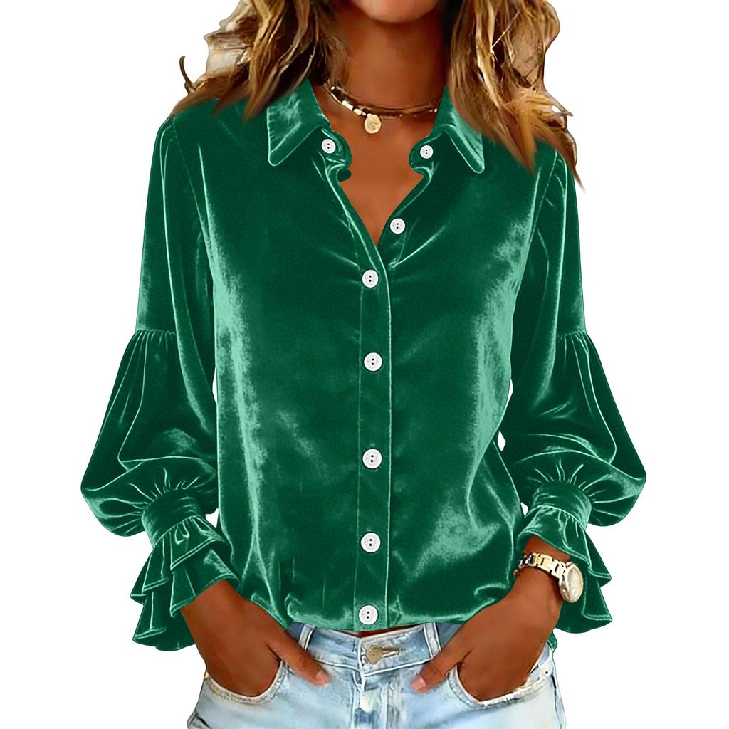 Women's Fashionable Casual Gold Velvet Button-down Shirt Long Sleeve