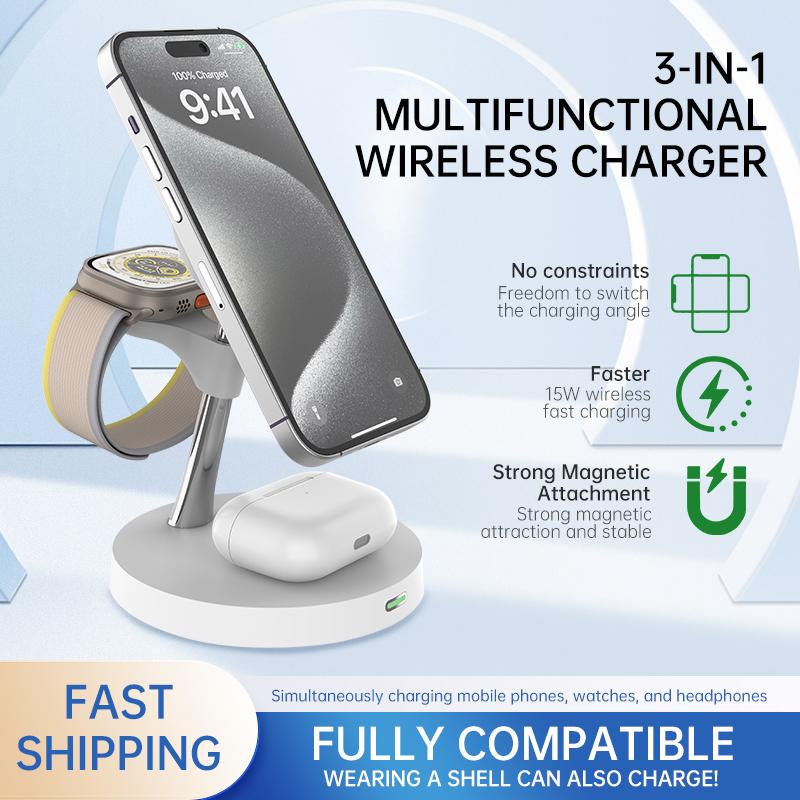 3 in 1 Magnetic Wireless Charger For iPhone 15 14 13 12 Fast Charging Station For Watch /Samsung Galaxy watch for AirPods