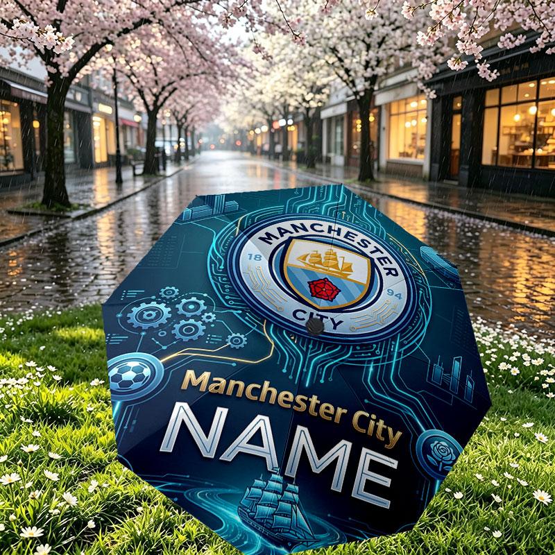 Custom Name Personalized Manchester City Print Umbrella, Auto Open Close, 8‑Rib Sturdy Frame, Commute Camping Hiking Use, Birthday Gift