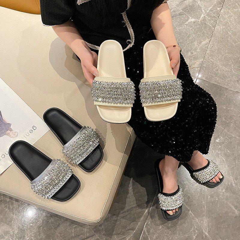 Cool Slippers Women'S Summer Fashion Outer Wear Casual Open-Toed Sandals Flat Bottom One-Word Buckle With Rhinestones