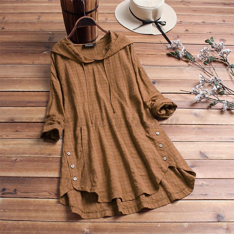 Trendy Women Asymmetrical Hem Hooded Shirt Tops With Comfortable Cotton Blend Fabric