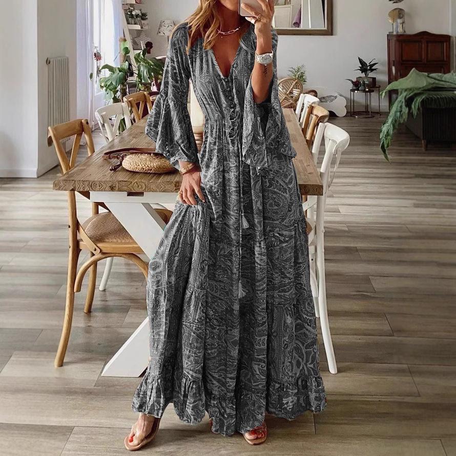 2023 Bohemian Style V-Neck Bell Sleeve High Waist Floral Vacation Dress for Women