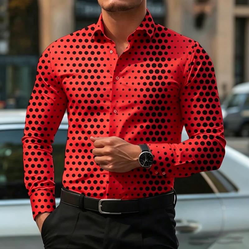 Men's Polka Dot Print Long Sleeve Shirt Fashion Slim Fit Button Down Casual Blouse Tops