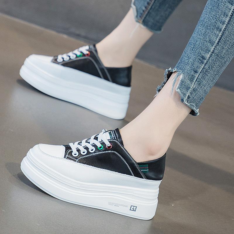 thick-soled little white shoes for women's new muffin shoes, board shoes, one pedal and two wear cowhide inner height-increasing women's single shoes